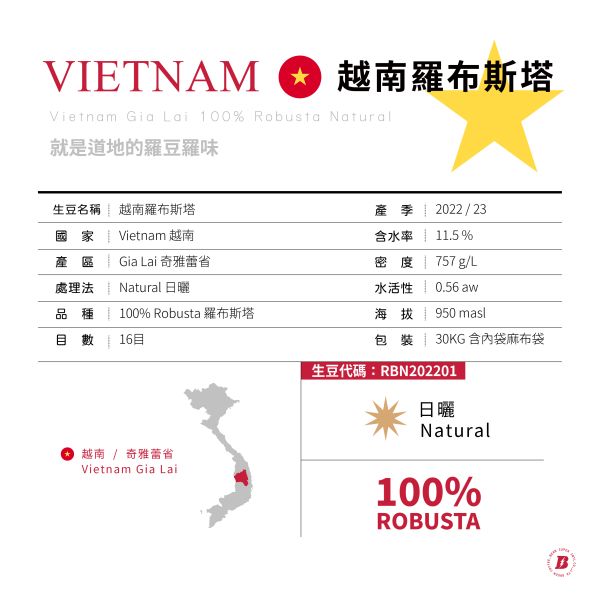 越南羅布斯塔 | 奇雅蕾省 | 日曬 越南,羅布斯塔,商業豆,咖啡生豆