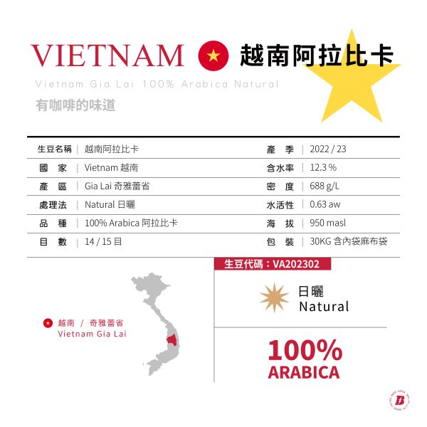 越南阿拉比卡 | 奇雅蕾省 | 日曬 越南,阿拉比卡,商業豆,咖啡生豆