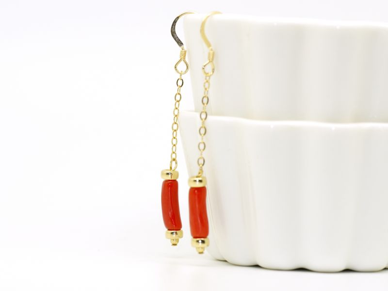 寶石耳環 垂式耳鉤 天然沙丁紅珊瑚 自然枝 14KF包金 輕珠寶 附保證書 紅珊瑚,耳環,輕珠寶,包金