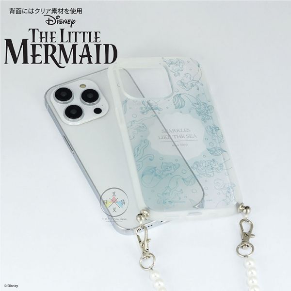 預購 迪士尼 小美人魚 線條素描 iPhone 14 PRO 防撞手機殼 珍珠背帶繩 