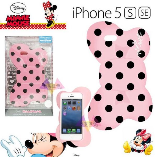 迪士尼米妮大蝴蝶結粉底黑點點草寫簽名iPhone 5 5s SE軟質硬面手機保護殼 