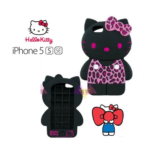 Hello Kitty凱蒂貓粉豹紋裝黑底iPhone 5 5s SE軟質手機保護殼 