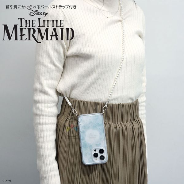 預購 迪士尼 小美人魚 線條素描 iPhone 14 PRO 防撞手機殼 珍珠背帶繩 