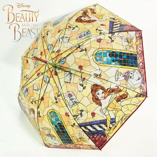 迪士尼 公主 美女與野獸 貝兒 彩繪玻璃 透明 直傘 雨傘 