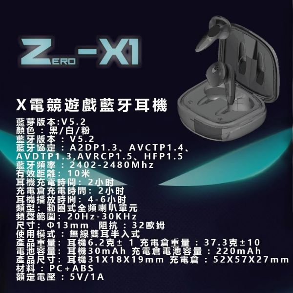 【Zero-X1無線電競藍芽耳機】藍芽5.2 IPX6防水 真無線藍芽耳機 3種模式 高音質 遊戲專用 1年保固 現貨 耳機,藍牙耳機,電競耳機,無線耳機,藍芽,防水耳機