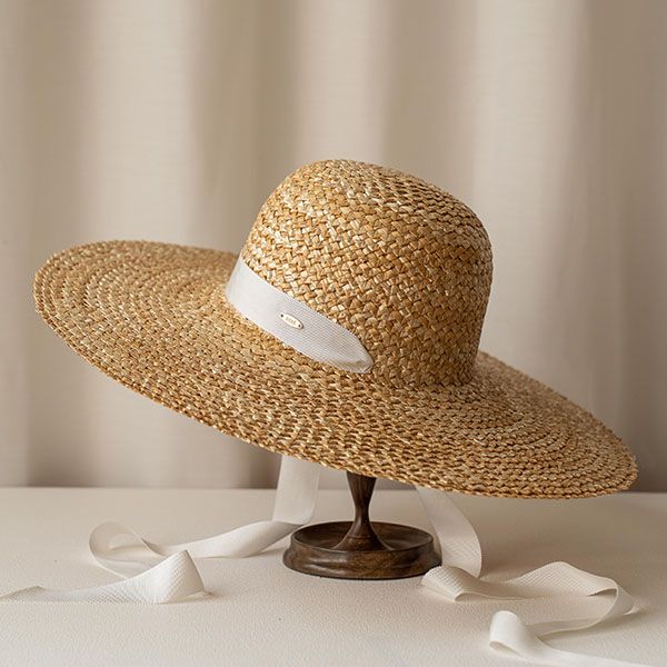 法式特殊編織飄帶草編帽-白色 質感女帽,設計師女帽,法式女帽