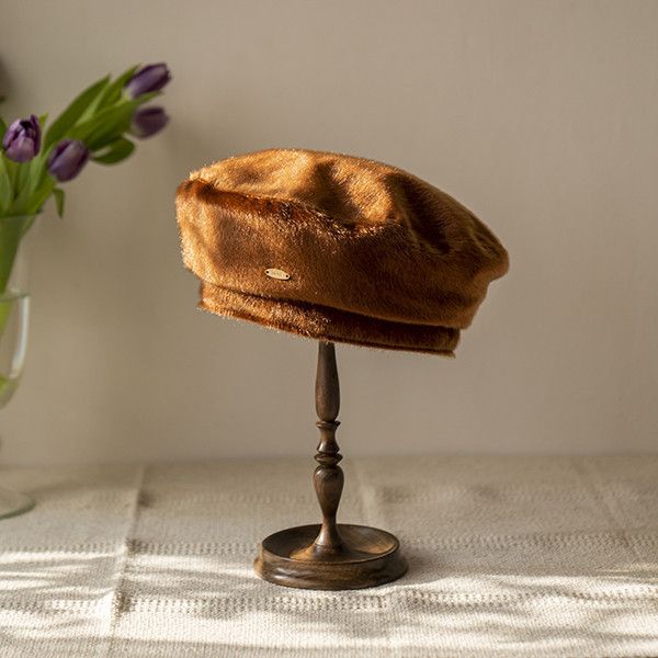日系感個性皮草貝蕾帽-深焦糖 質感女帽,設計師女帽,法式女帽,羊毛帽,貝蕾帽,畫家帽