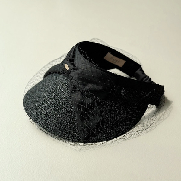 法式緞面蝴蝶結網紗空頂遮陽帽-黑色 質感女帽,設計師女帽,法式女帽,空頂帽,蕾絲帽,遮陽帽