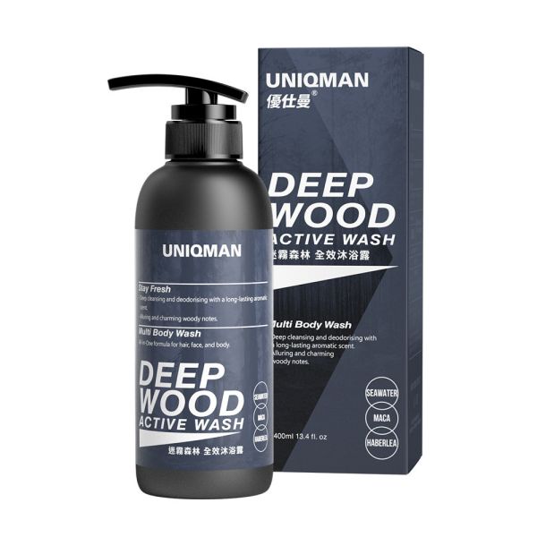 UNIQMAN Deep Wood Active Wash (400ml/bottle) men's shampoo, shower gel for men, effective cleansing, after exercise shower, all in one wash, all in one shower, 3-in-1 body wash