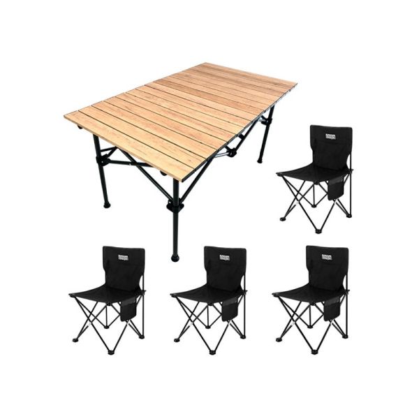Besthot 戶外露營便攜式桌椅木紋五件組－贈桌椅收納袋 露營桌,野餐桌,折疊桌,蛋捲桌,鋁捲桌,戶外露營,露營用品,露營椅,沙灘椅,戶外桌椅組