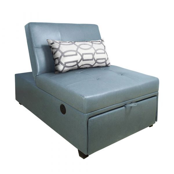 莫里斯單人耐磨皮沙發床(USB)-藍灰色 Hampton,漢汀堡,沙發,沙發床,附靠枕,加大尺寸,皮沙發