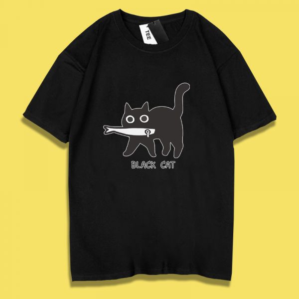 黑貓-叼魚印花短袖 柴犬,貓咪,T恤,百搭,網路購物,萌經濟,可愛,卡通,狗狗,凱蒂貓