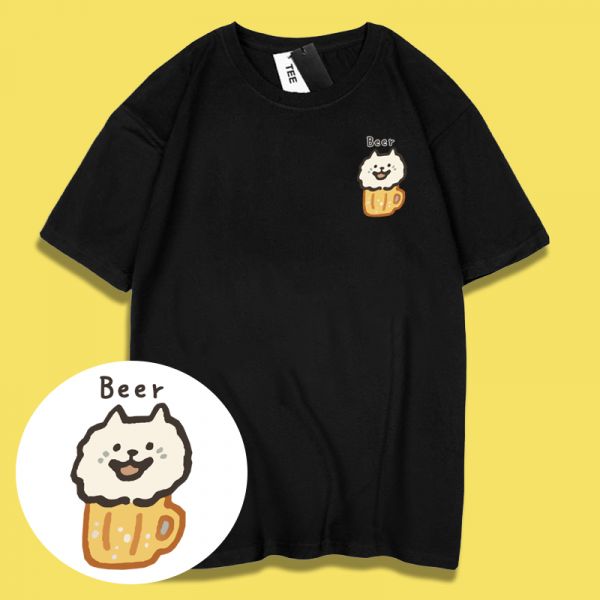 薩摩耶啤酒印花短袖 柴犬,貓咪,T恤,百搭,網路購物,萌經濟,可愛,卡通,狗狗,凱蒂貓