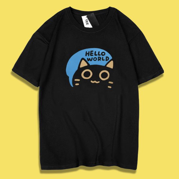 黑貓-Hello World印花短袖 柴犬,貓咪,T恤,百搭,網路購物,萌經濟,可愛,卡通,狗狗,凱蒂貓
