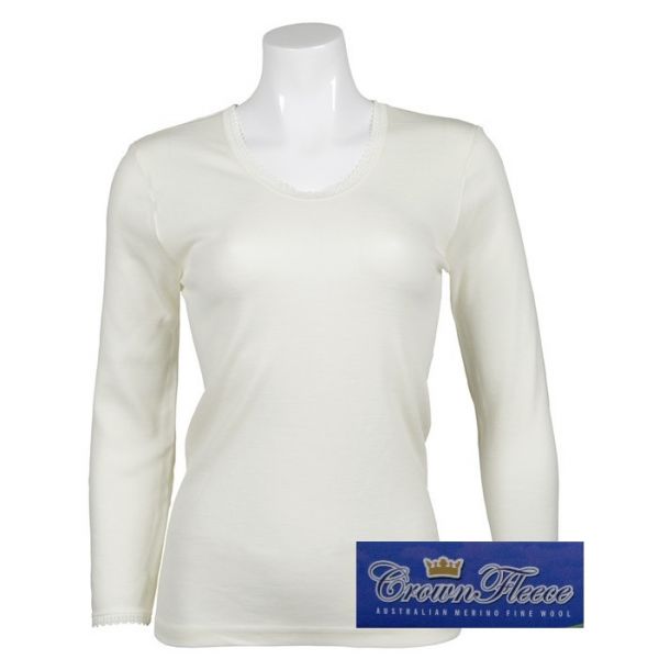 厚款澳洲頂級女裝100%純羊毛衛生衣 米白圓領長袖(美麗諾Merino) 羊毛衛生衣,保暖衣,美麗諾羊毛