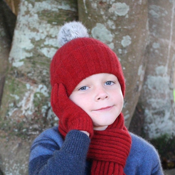 兒童保暖帽紐西蘭貂毛羊毛兔毛球帽深紅 保暖,美麗諾羊毛,保暖帽,兒童 保暖帽