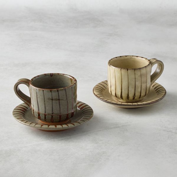 日本KOYO美濃燒 - 釉彩直紋咖啡杯碟組(2件式) - 兩款任選 - 150 ml 咖啡杯,咖啡杯碟組,甜點盤,卡布奇諾杯,對杯組