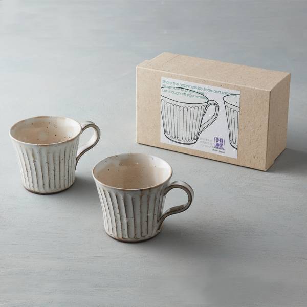 日本KOYO美濃燒 - 粉引雕紋馬克對杯禮盒組(2件式) 禮盒,陶杯,日本製,食器,手工,檢驗合格