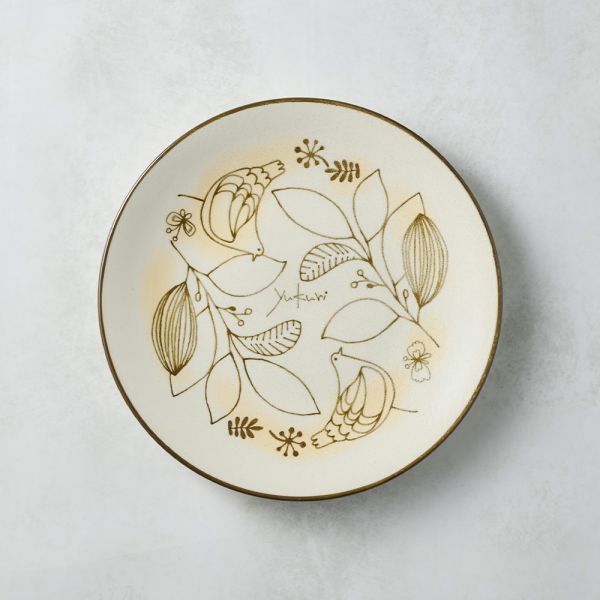 日本澤藍美濃燒 - 芬蘭花紋圓盤 - 淡黃空鳥 (20 cm) 瓷器,日本製,食器,手工,檢驗合格,淺盤,大盤,餐盤