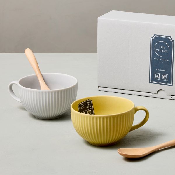 日本美濃燒 - 輕量檸檬乳酪 - 湯碗禮盒組 - 附匙(4件式) - 390ml 湯碗,陶瓷餐具,禮盒組