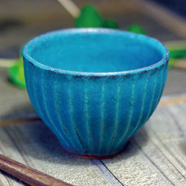 日本窯元益子燒 - 青綠燻刻紋茶杯 