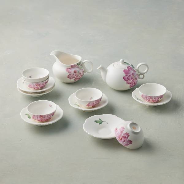 安達窯 - 羊脂白 - 如意壺組釉上彩手繪牡丹花 - 14件組(禮盒裝) 台灣製造,茶具組,禮盒