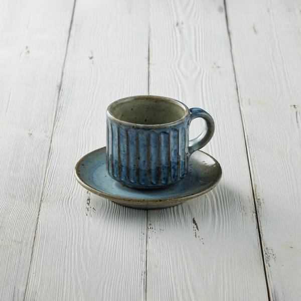 日本丸伊信樂燒 - 青萩雕紋直筒咖啡杯碟組(2件式) - 210ml 日本,咖啡杯,水杯,茶杯,咖啡杯碟組