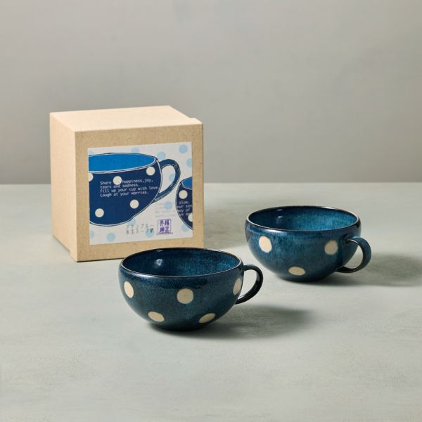 日本KOYO美濃燒- 藍水玉湯碗 - 禮盒組(2件式) - 400 ml ★ 日本進口品質保證,檢驗合格餐具