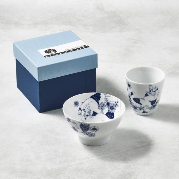 日本澤藍美濃燒 - 花園藍貓杯碗組-禮盒組(2件式) 陶杯,日本製,食器,手工,檢驗合格,貓