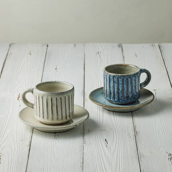 日本丸伊信樂燒 - 雕紋直筒咖啡對杯組(4件式) - 210ml 日本,咖啡杯,水杯,茶杯,咖啡杯碟組