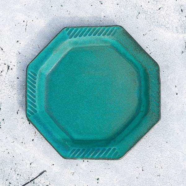 日本窯元益子燒 - 青綠燻刻紋八角淺盤 