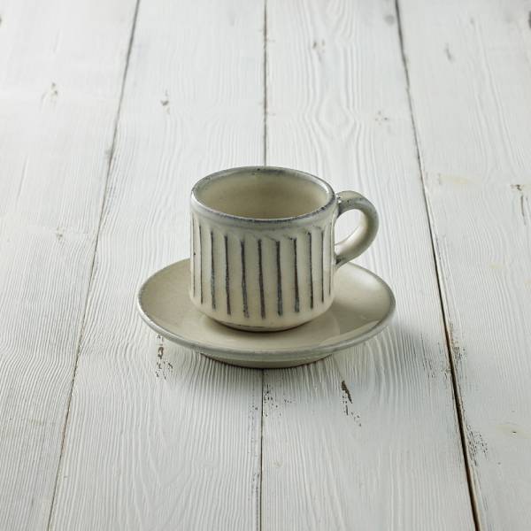 日本丸伊信樂燒 - 白釉雕紋直筒咖啡杯碟組(2件式) - 210ml 日本,咖啡杯,水杯,茶杯,咖啡杯碟組