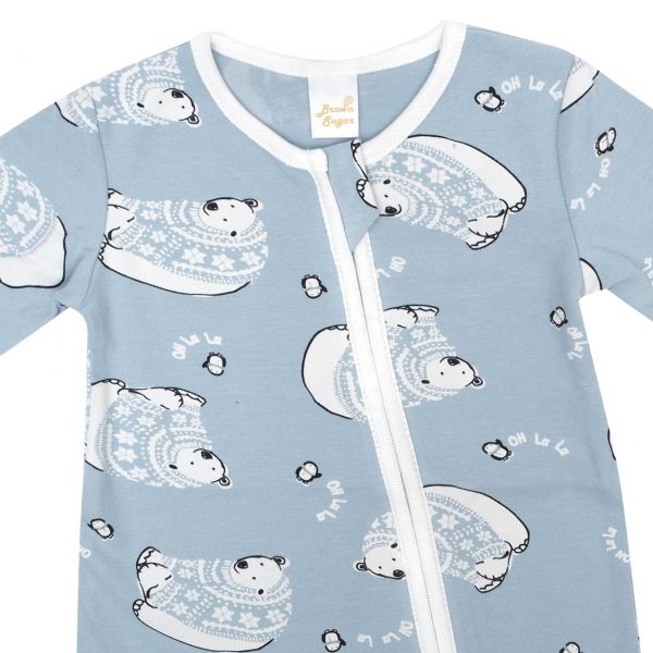 有機竹纖維雙拉鍊長袖連身衣-藍色北極熊 有機棉,秋冬寶寶衣,寶寶睡衣,一件式,嬰兒睡衣,台灣製造敏感肌衣服,透氣衣物