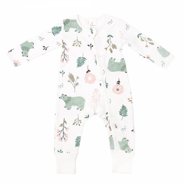 有機棉雙拉鍊長袖連身衣-花園熊熊 有機棉,秋冬寶寶衣,寶寶睡衣,一件式,嬰兒睡衣,台灣製造敏感肌衣服,透氣衣物