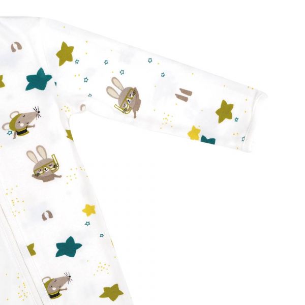 有機棉雙拉鍊長袖連身衣-星星動物 有機棉,秋冬寶寶衣,寶寶睡衣,一件式,嬰兒睡衣,台灣製造敏感肌衣服,透氣衣物