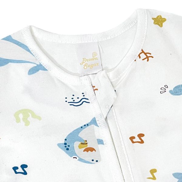 有機竹纖維雙拉鍊長袖連身衣-Baby Shark 有機棉,秋冬寶寶衣,寶寶睡衣,一件式,嬰兒睡衣,台灣製造敏感肌衣服,透氣衣物
