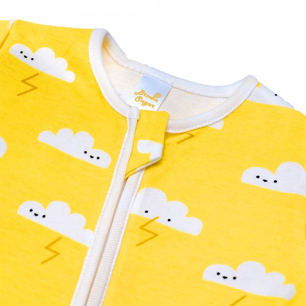 有機棉雙拉鍊長袖連身衣-黃色雲朵 有機棉,秋冬寶寶衣,寶寶睡衣,一件式,嬰兒睡衣,台灣製造敏感肌衣服,透氣衣物