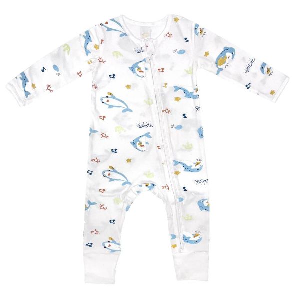 有機竹纖維雙拉鍊長袖連身衣-Baby Shark 有機棉,秋冬寶寶衣,寶寶睡衣,一件式,嬰兒睡衣,台灣製造敏感肌衣服,透氣衣物