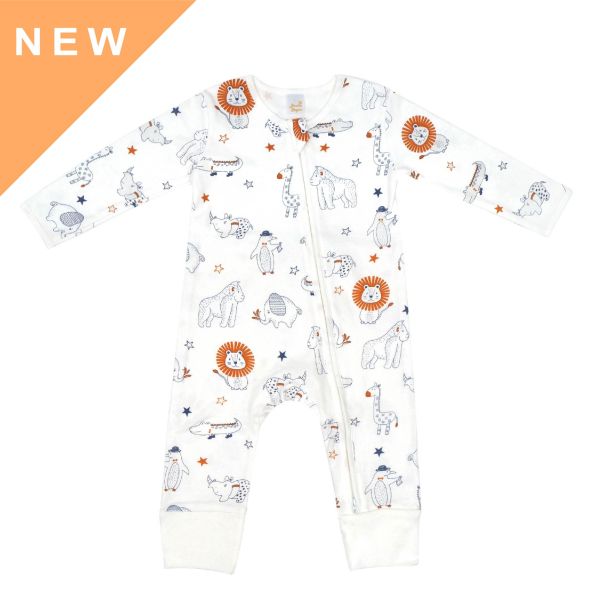 有機棉雙拉鍊長袖連身衣-動物星空 有機棉,秋冬寶寶衣,寶寶睡衣,一件式,嬰兒睡衣,台灣製造敏感肌衣服,透氣衣物