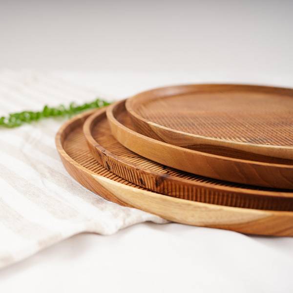 天然柚木圓型托盤M號(直徑24cm)-條紋款 柚木,廚房,餐具,木盤