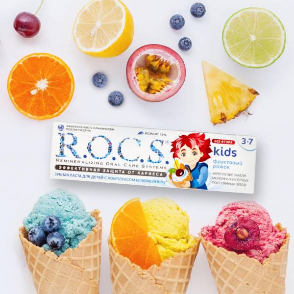 R.O.C.S. 不含氟 3~7歲幼兒牙膏水果甜筒 35ml/45g 不含氟,兒童牙膏,預防蛀牙,木醣醇,小朋友,強化琺瑯質,天然酵素