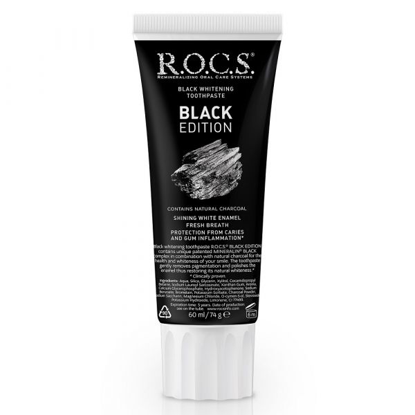 R.O.C.S. 高品質活性炭牙膏 極燦亮白 60ml/74g ROCS,潔白,亮白,去除牙,天然精油,不含氟,鳳梨酵素,去除牙菌斑,牙周病