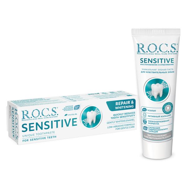 R.O.C.S. 雙效牙膏 敏感修護&淨白 60ml/74g ROCS,不含氟,強化琺瑯質,溫和,天然酵素,亮白,薄荷