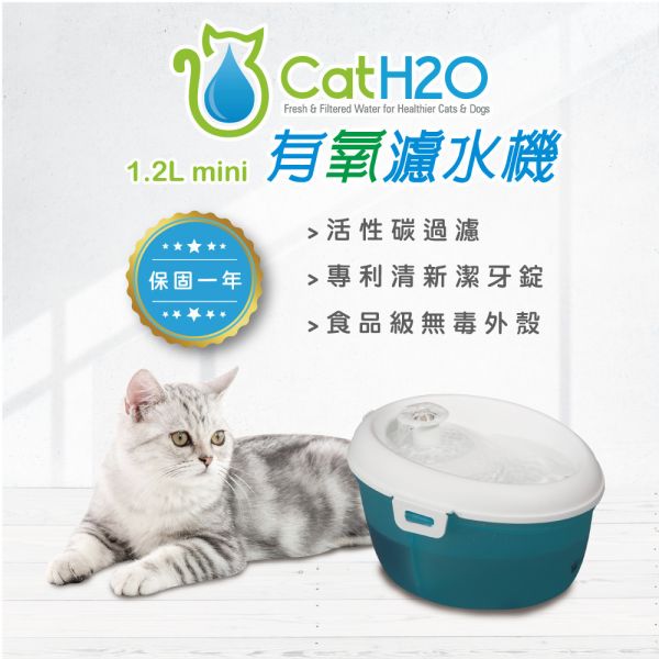 現貨【CatH2Omini有氧濾水機寧靜藍貓1.2L】可潔牙寵物電動流動飲水機貓用飲水器【MOMOCAT摸摸貓】E44 