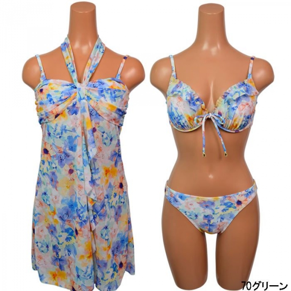 【漾著泳裝】Flower Frot 風采罩衫ｘ鋼圈 三件式比基尼 比基尼,泳裝,渡假,日本製,泳池