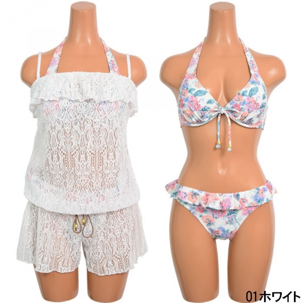 漾著泳裝玫瑰蕾絲罩衫比基尼3件式-白色 比基尼,泳裝,渡假,日本製,泳池
