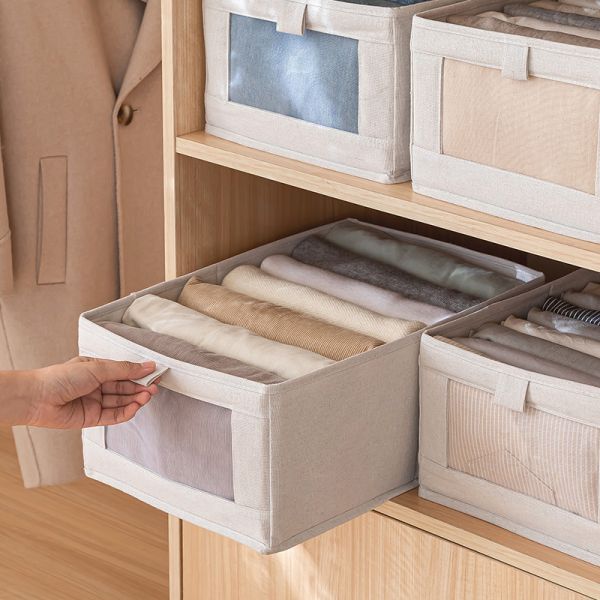 抽屜式衣物收納盒(衣櫃整理必備)可視窗 硬板支撐 整齊分類 衣櫥 折疊式 亞麻 收納箱 