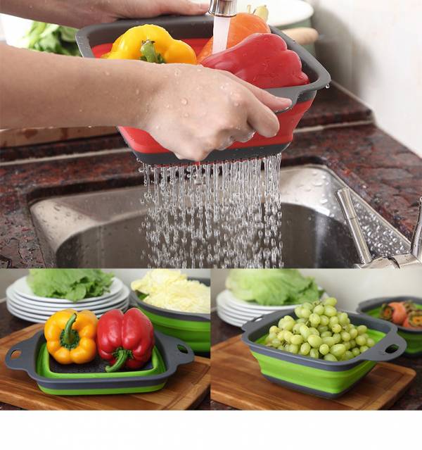 水籃 折疊方形瀝水籃 可折疊水槽洗菜籃 蔬菜水果可瀝水 收納折疊洗菜籃 矽膠瀝水籃 