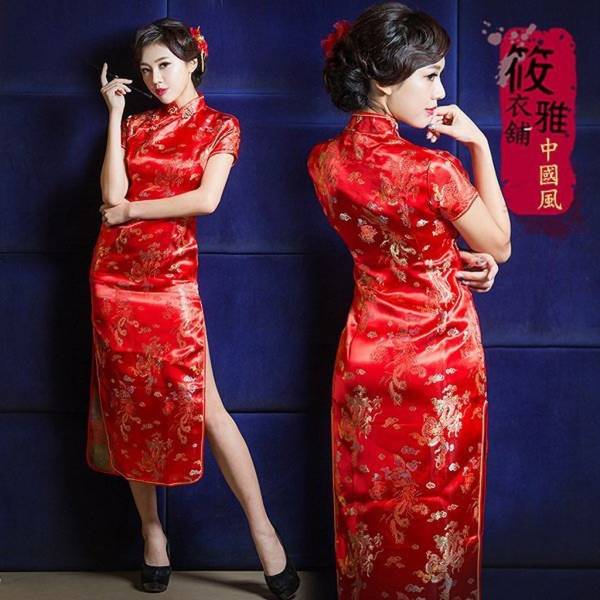 S-XL經典紅色復古緹花緞短袖長旗袍 上海復古風華麗復古緹花緞短袖長旗袍 大尺碼 旗袍