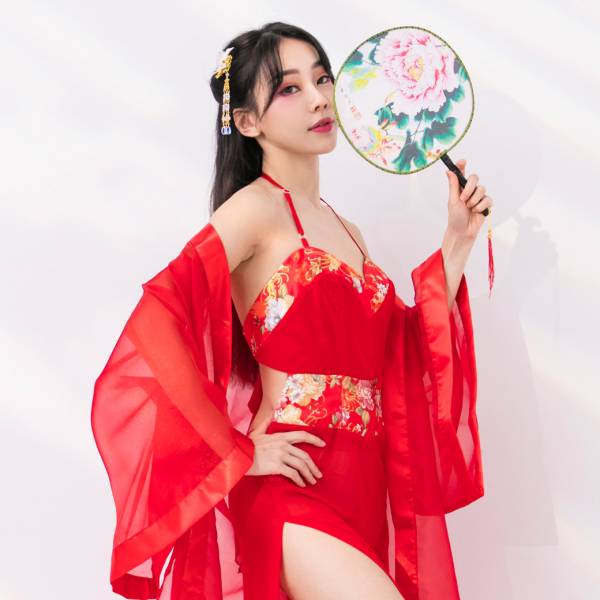 性感中國風透明網紗長洋裝+外掛 手遊電玩指定服裝 紅旗袍